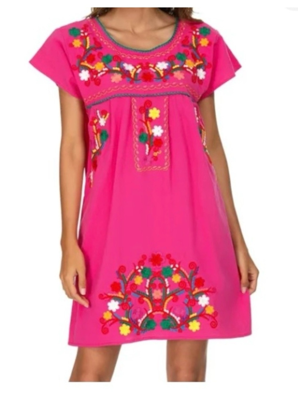 YZXDORWJ Mini Dress Embroidered Pink Floral Mexican Fiesta 100% Cotton S Tunic